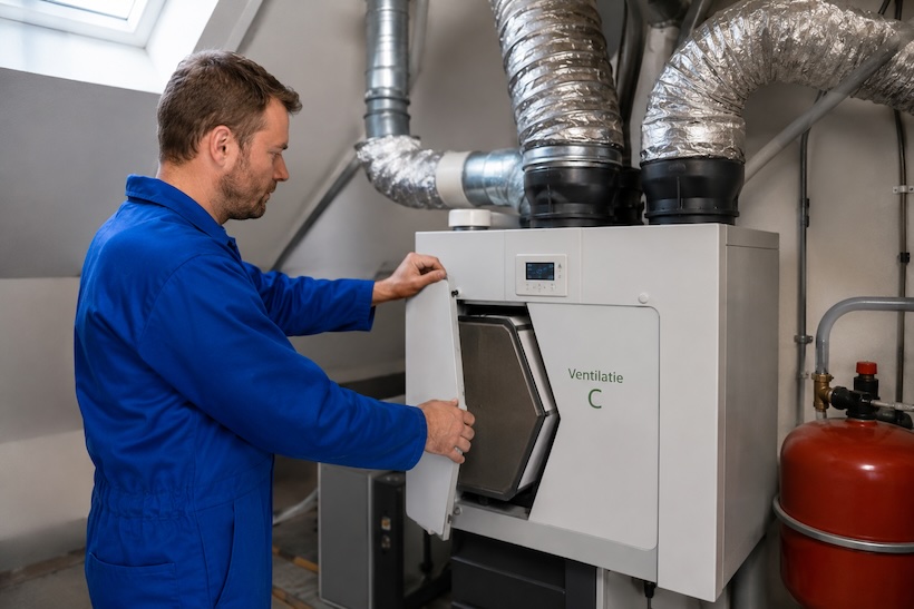 Ventilatiespecialist voert onderhoud uit op ventilatiebox systeem C