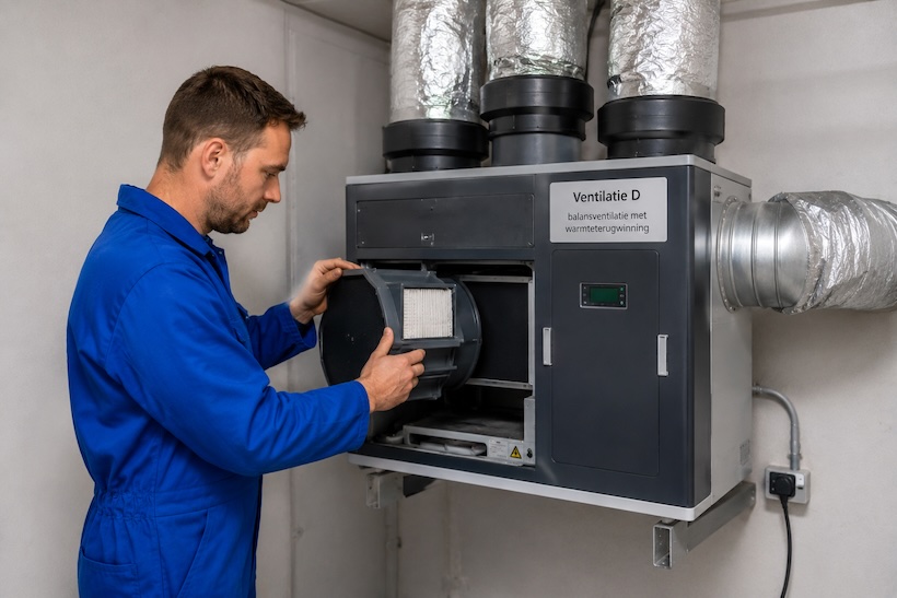 Ventilatiespecialist voert onderhoud uit op ventilatieboc systeem D